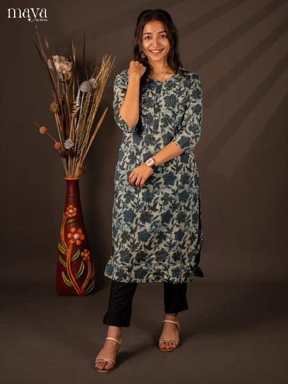 Blue Floral Printed Cotton Kurti