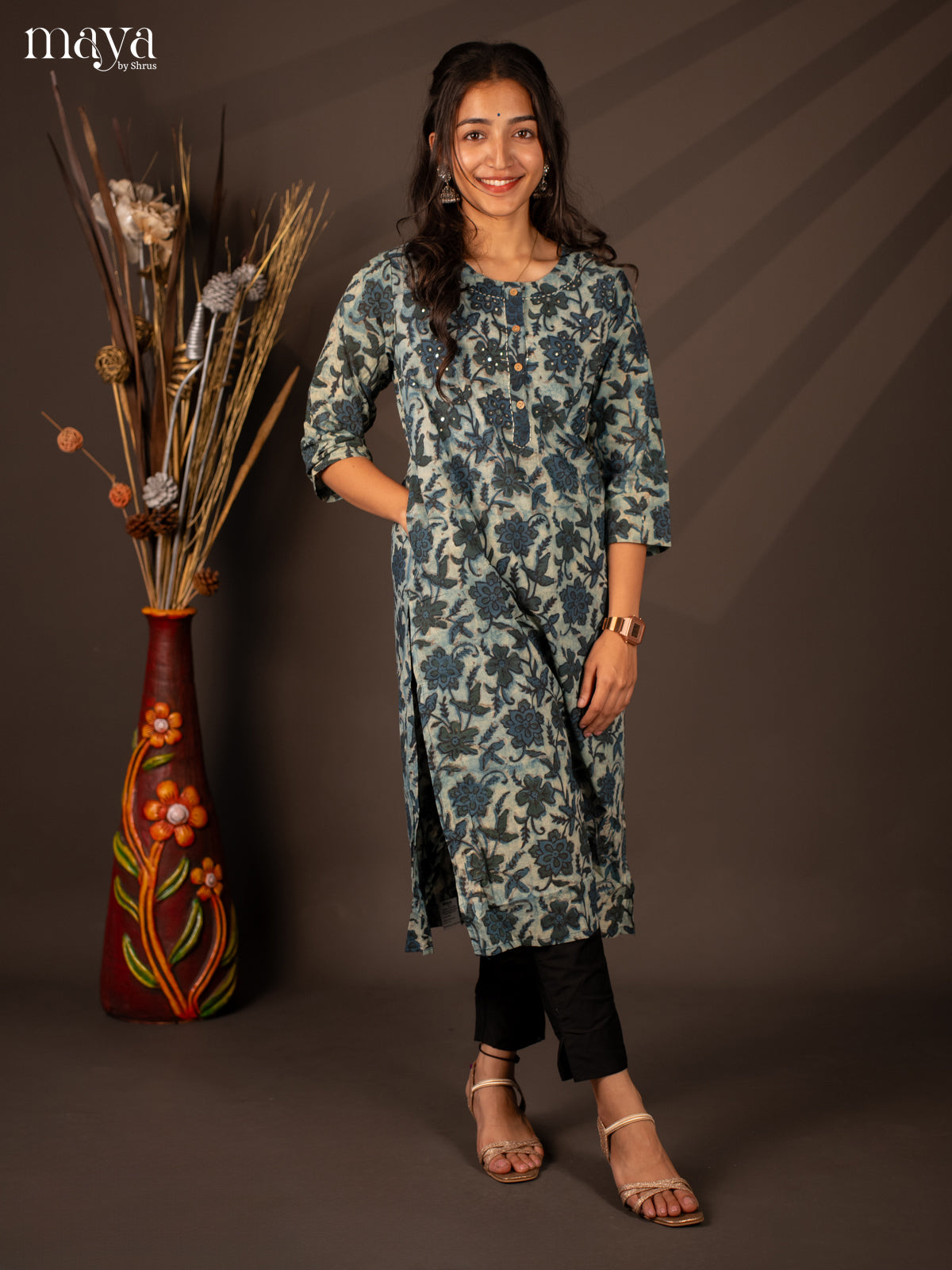 Blue Floral Printed Cotton Kurti