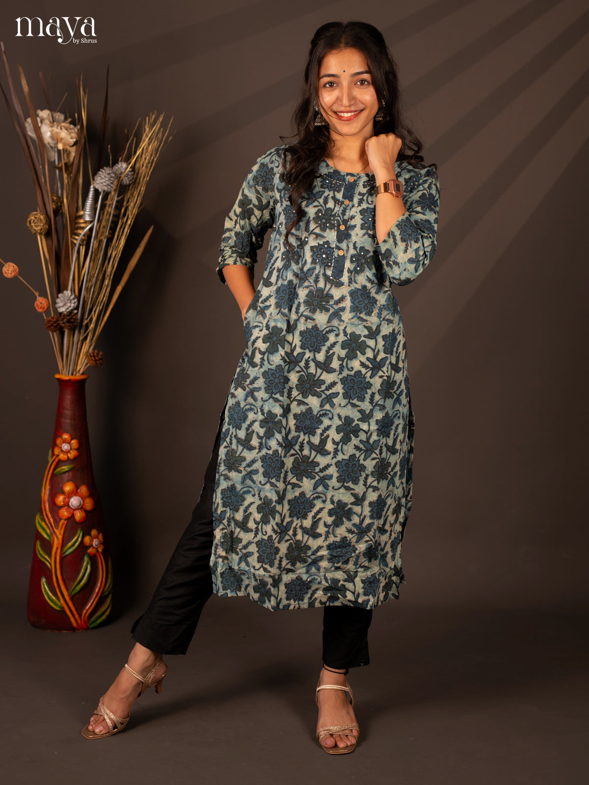 Blue Floral Printed Cotton Kurti
