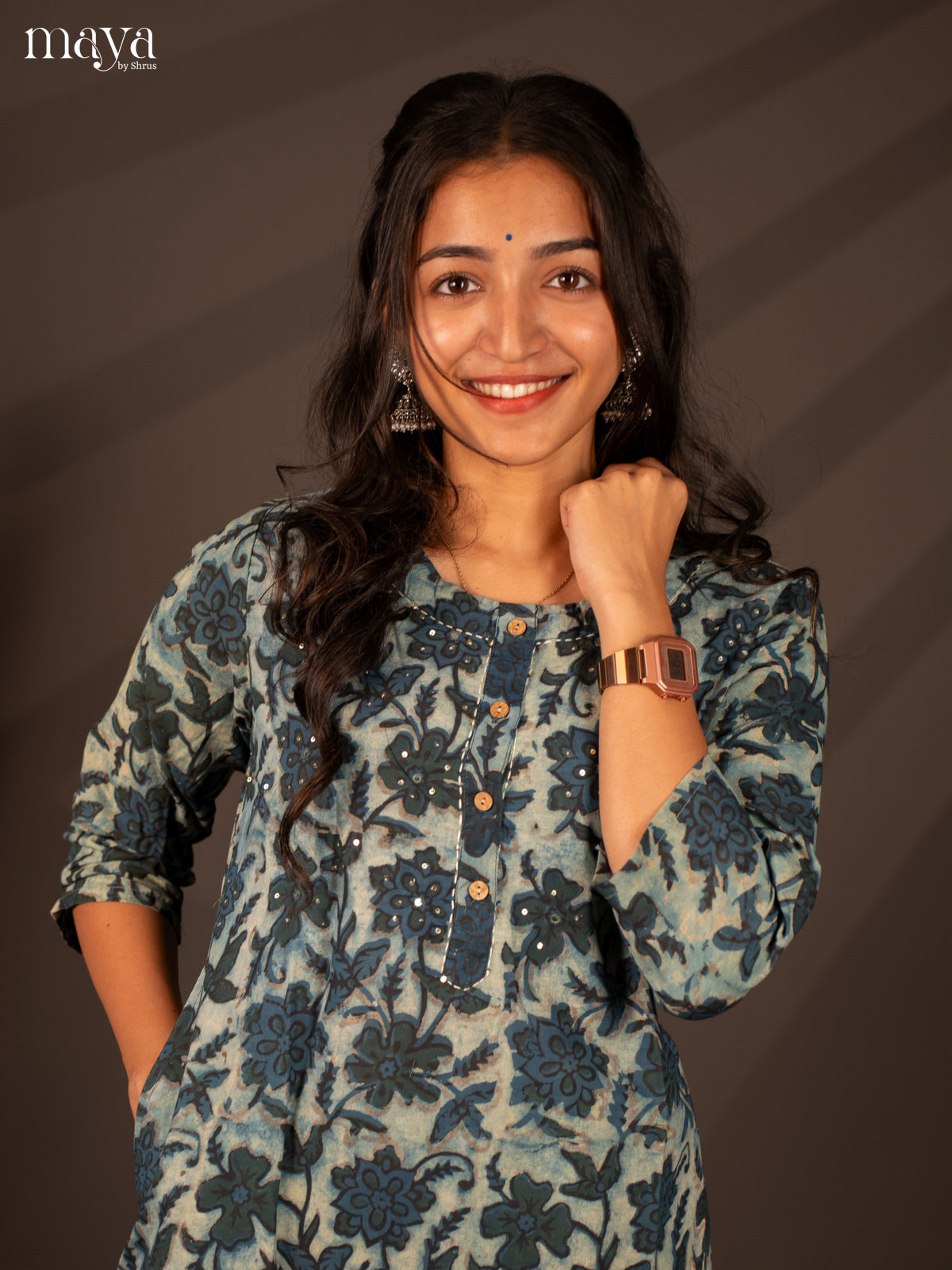 Blue Floral Printed Cotton Kurti
