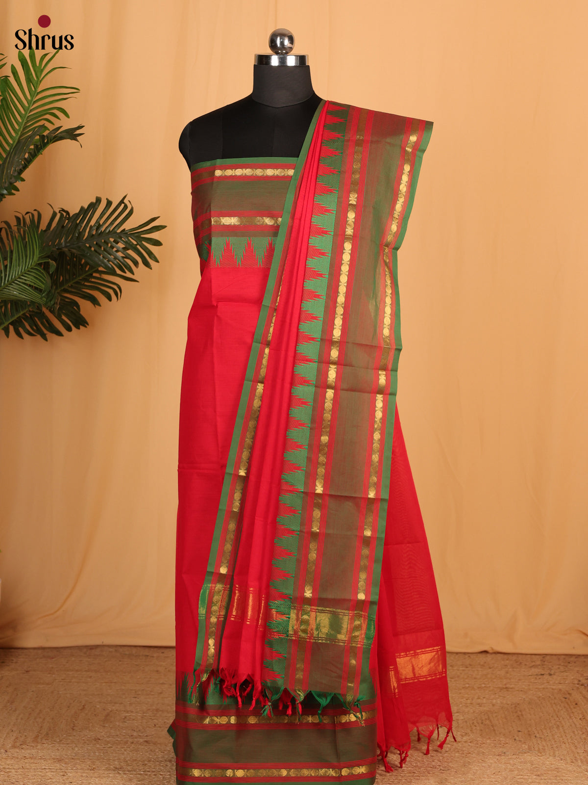 Red with Green Chettinad Cotton Top &amp; Dupatta- MCL28064
