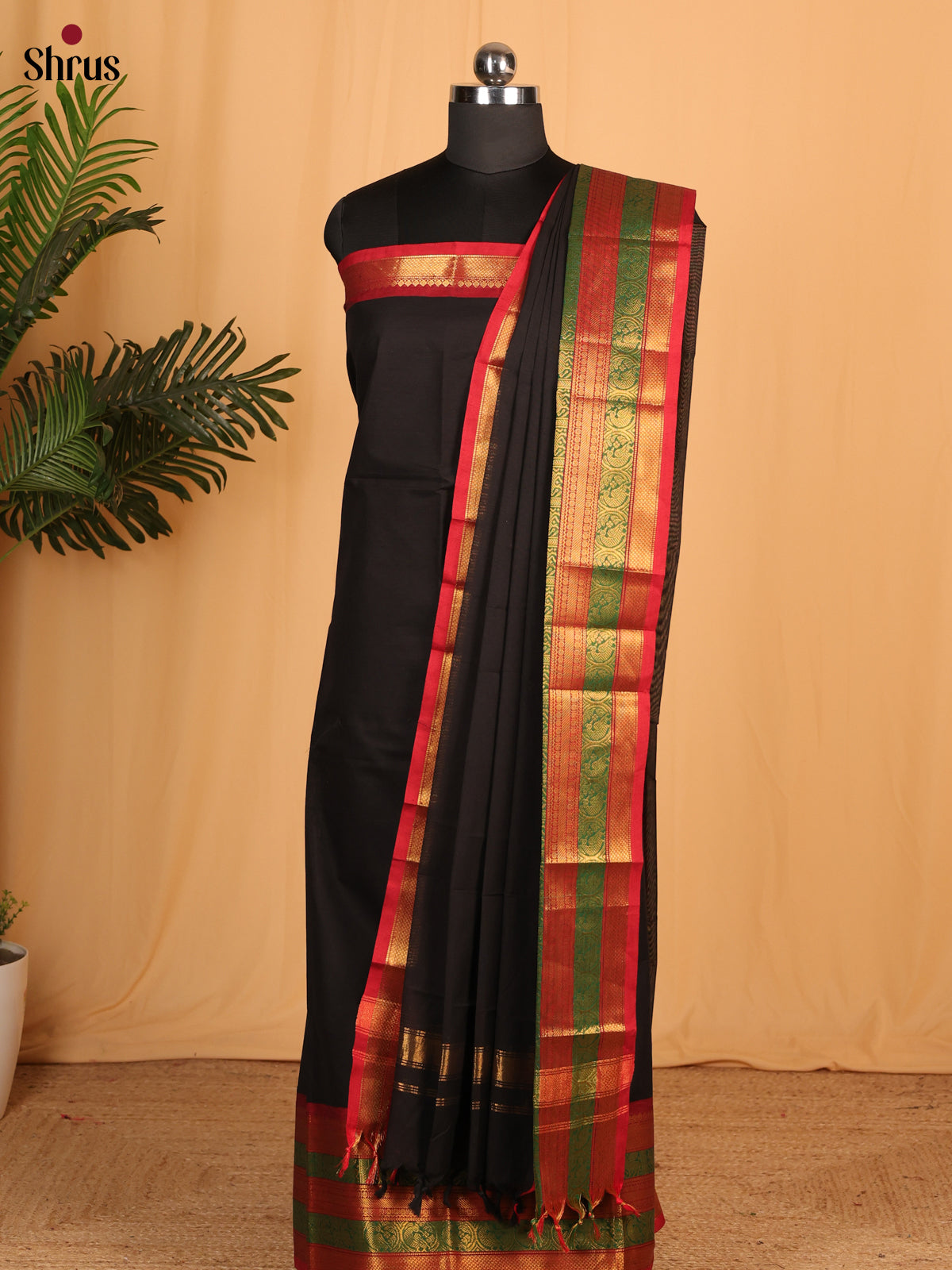 Red With Black Chettinad Cotton Unstitched Suit Set