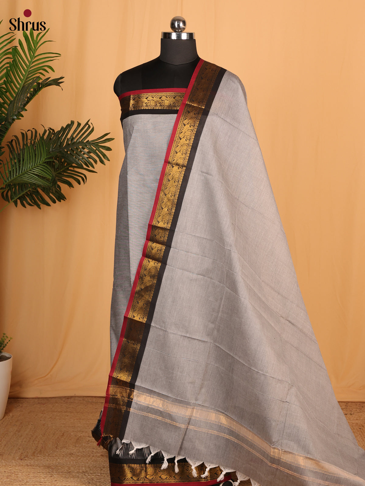 Grey with Black Chettinad Cotton  Top & Dupatta- MCL28067