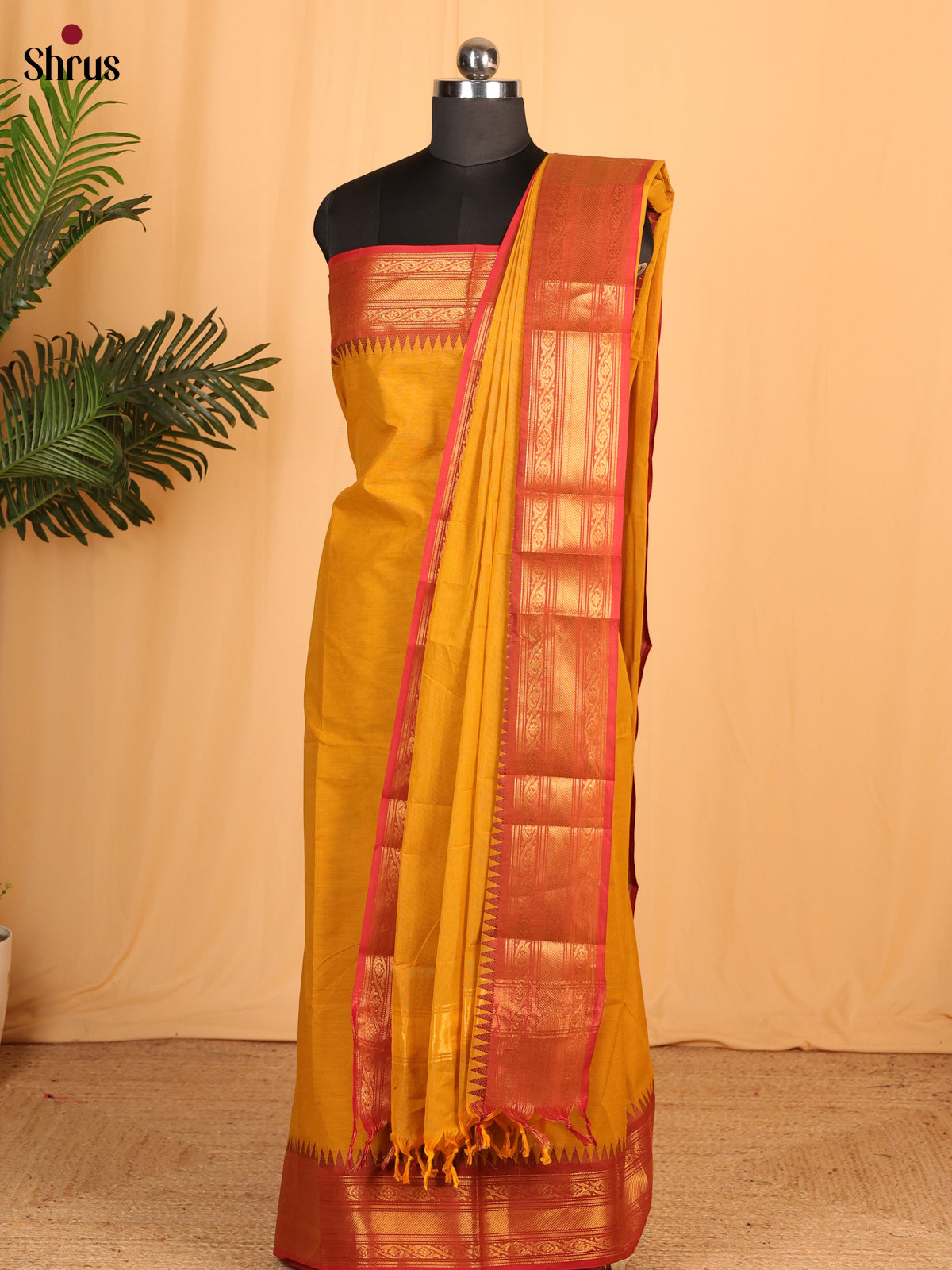 Mustard with Maroon Chettinad Cotton Unstitched Suit Set