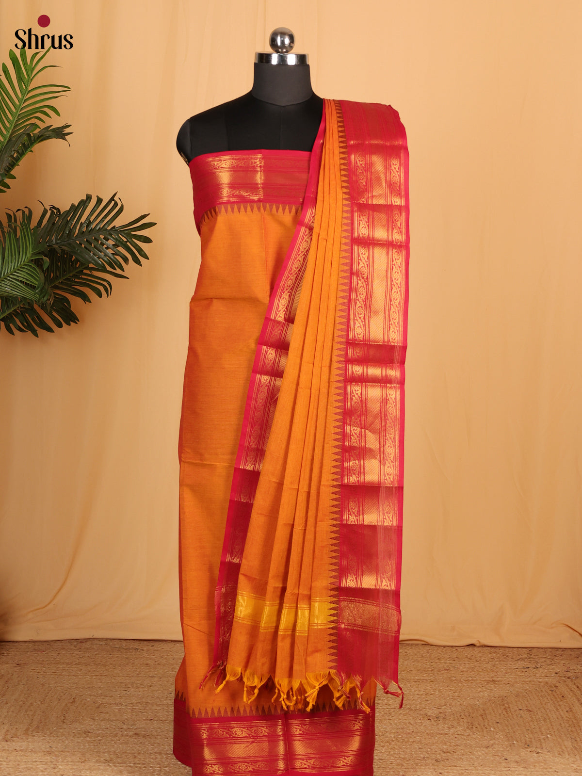 Mustard with Maroon Chettinad Cotton Top & Dupatta- MCL28069