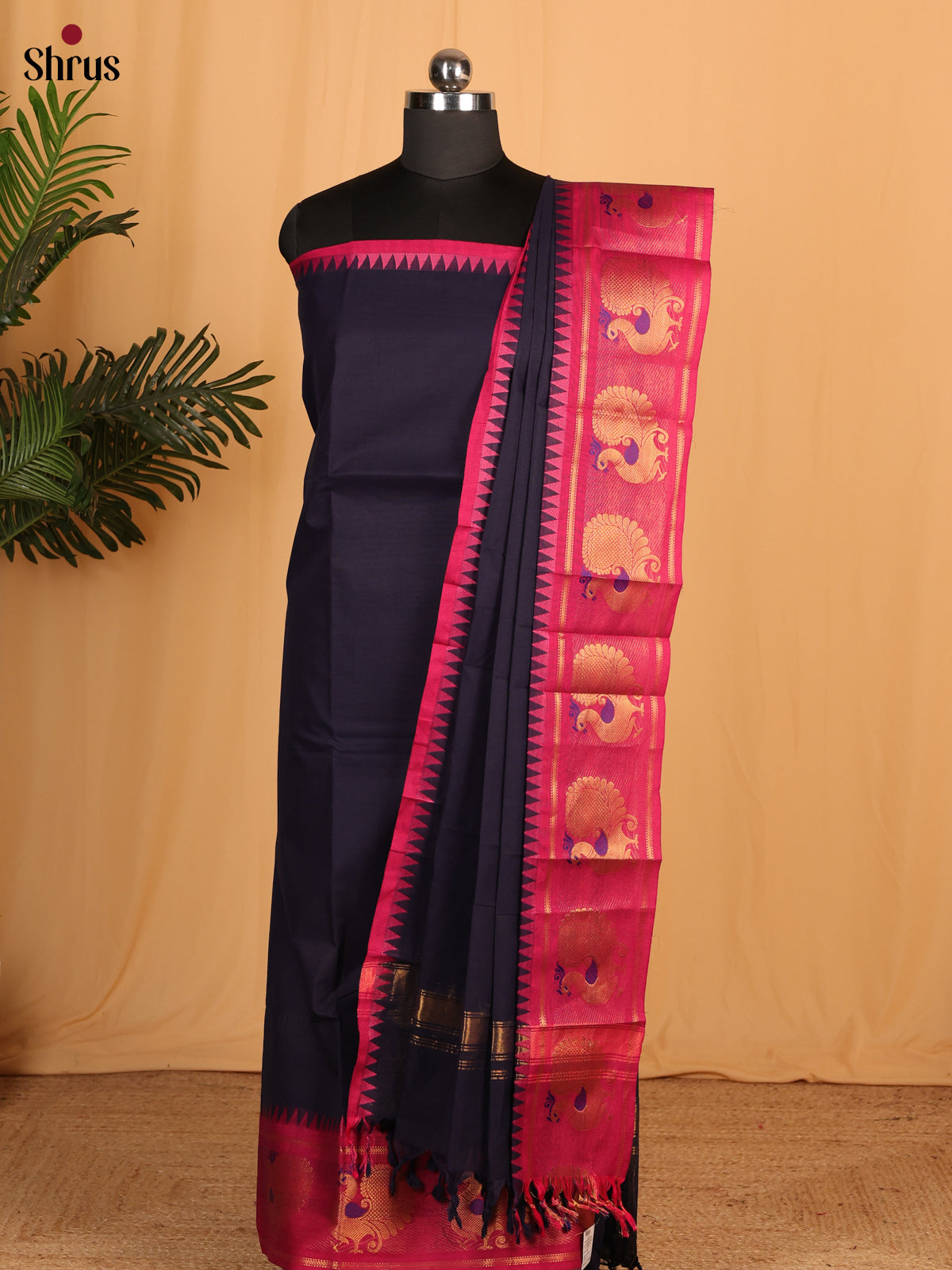 Blue with Pink Chettinad Cotton Unstitched Suit Set