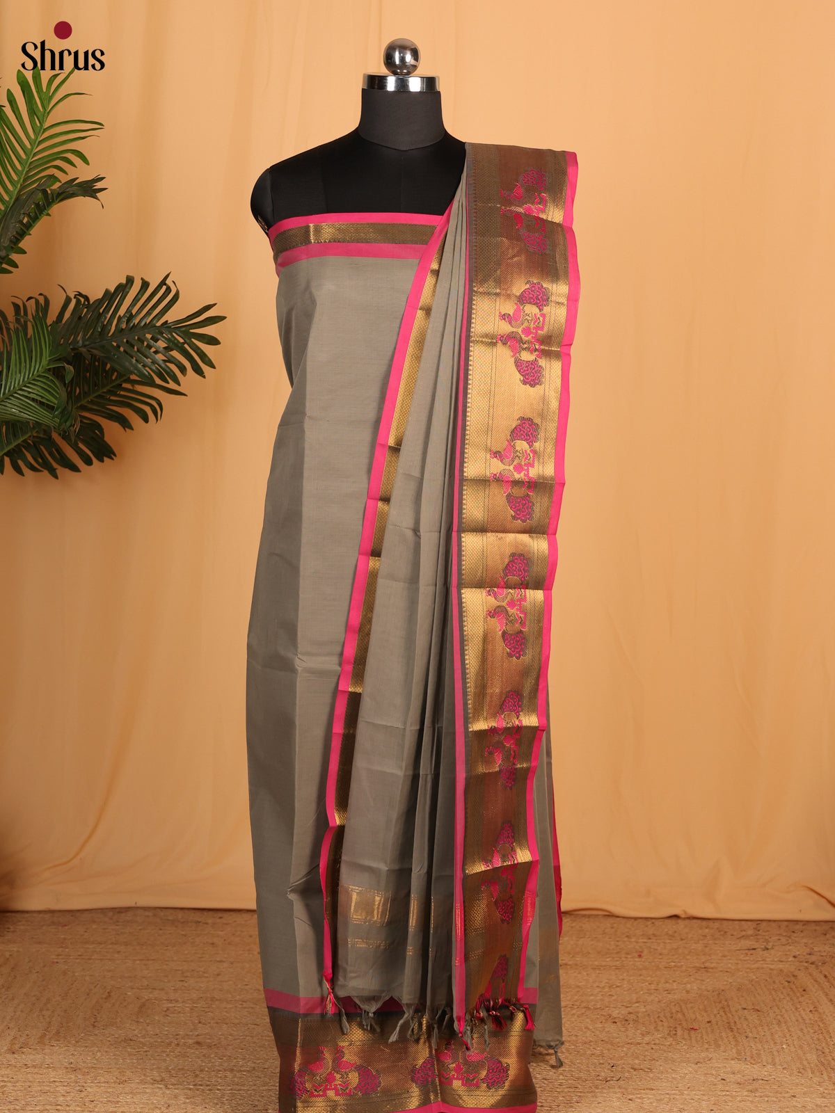 Grey with Pink Chettinad Cotton Top &amp; Dupatta - MCL28072