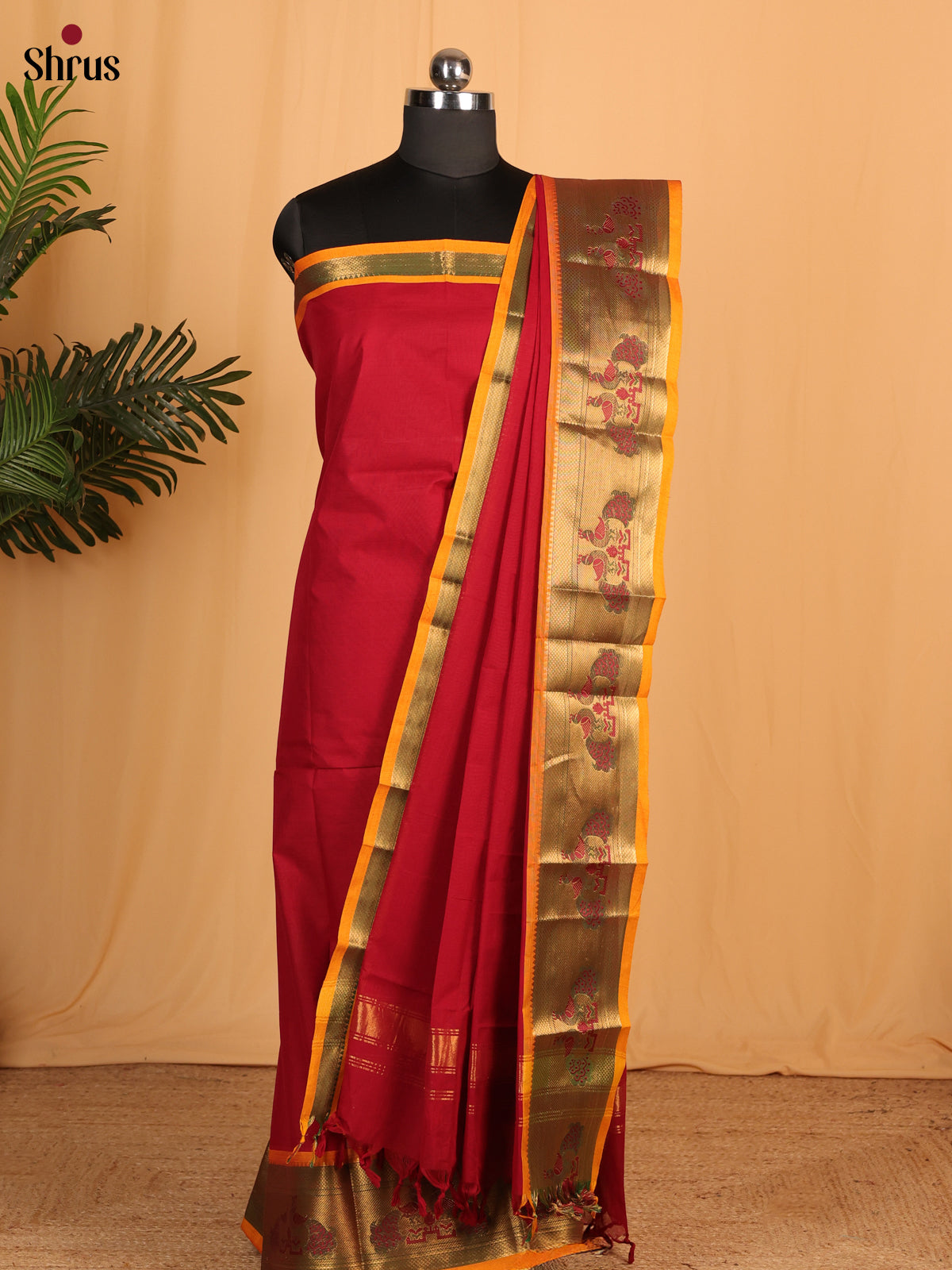 Maroon with Mustard Chettinad Cotton Top & Dupatta- MCL28073