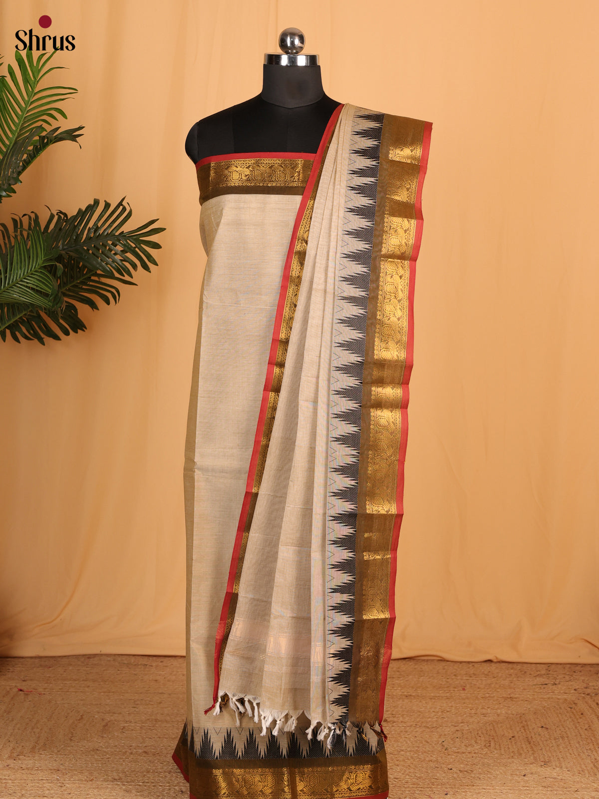 Beige with Grey Chettinad Cotton Unstitched Suit Set