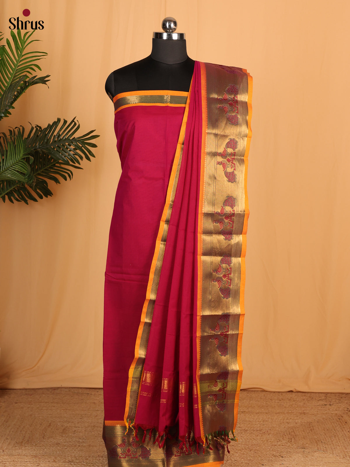 Magenta & Mustard Chettinad Cotton Top & Dupatta- MCL28076