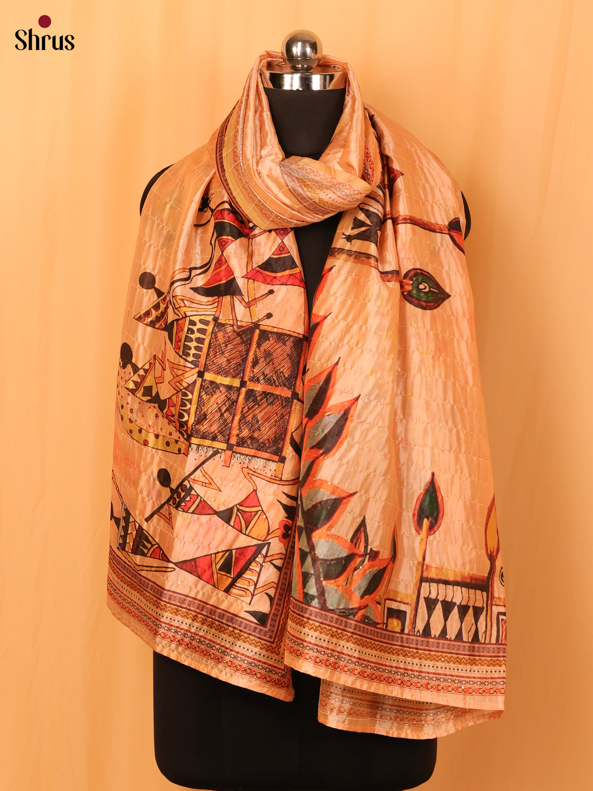 11A Peach Warli Print Semi Silk Dupatta - MCL28077