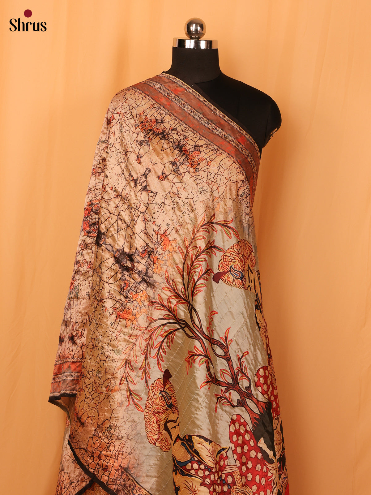 Cream Digital Print Semi Silk Dupatta - MCL28078