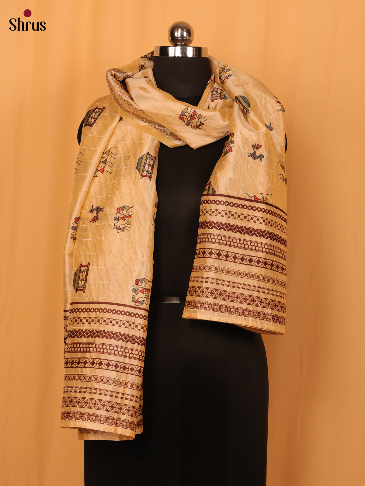 Cream Warli Print Semi Silk Dupatta - MCL28079