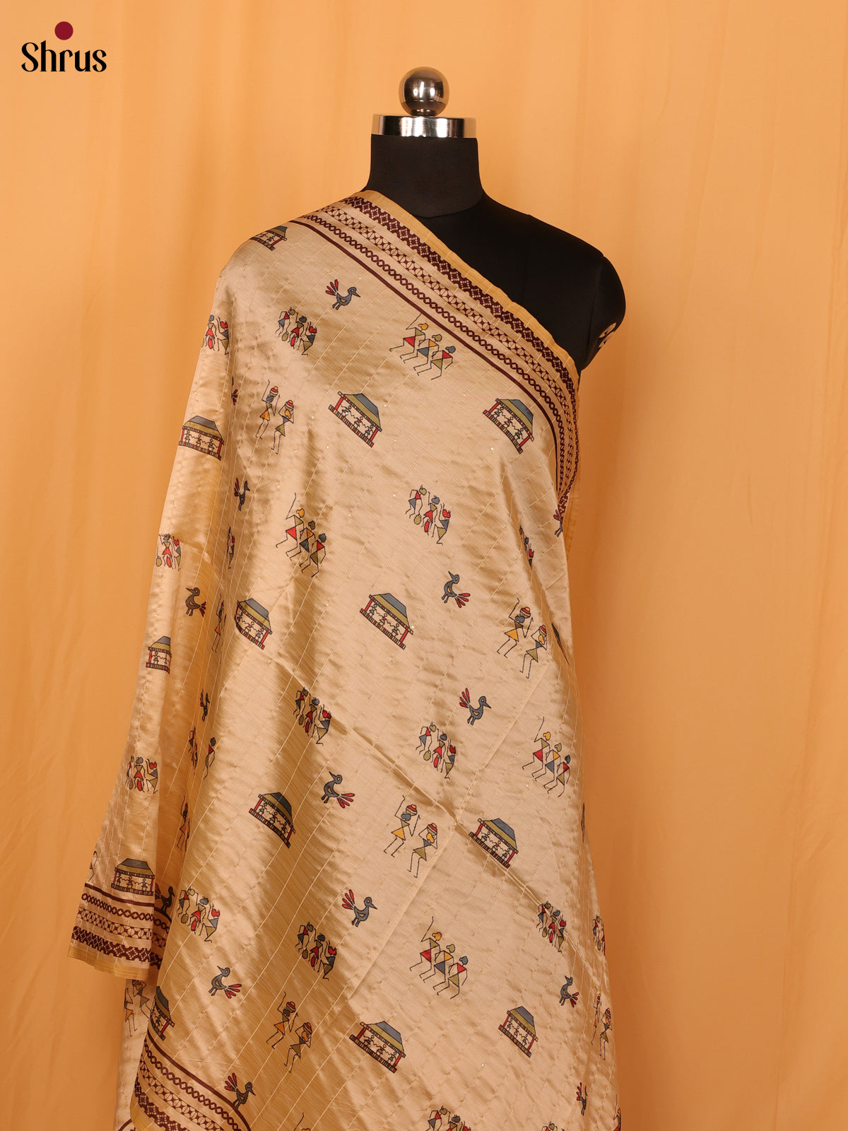 Cream Warli Print Semi Silk Dupatta - MCL28079