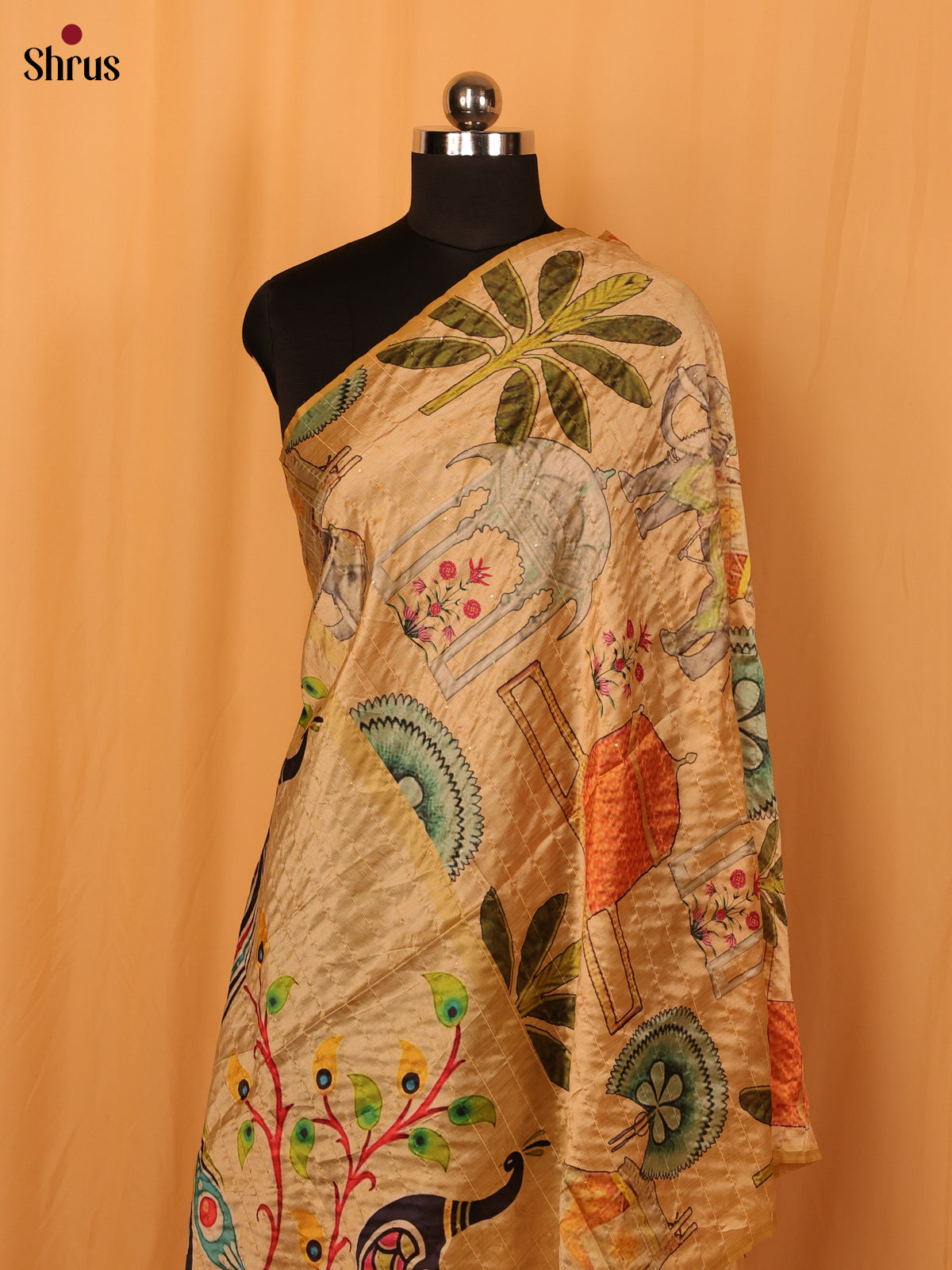 Cream Digital Print Semi Silk Dupatta - MCL28082