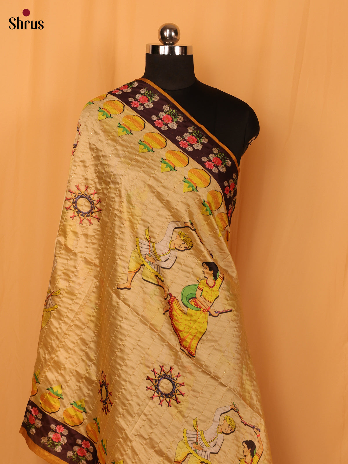 11A Cream Digital Print Semi Silk Dupatta - MCL28083