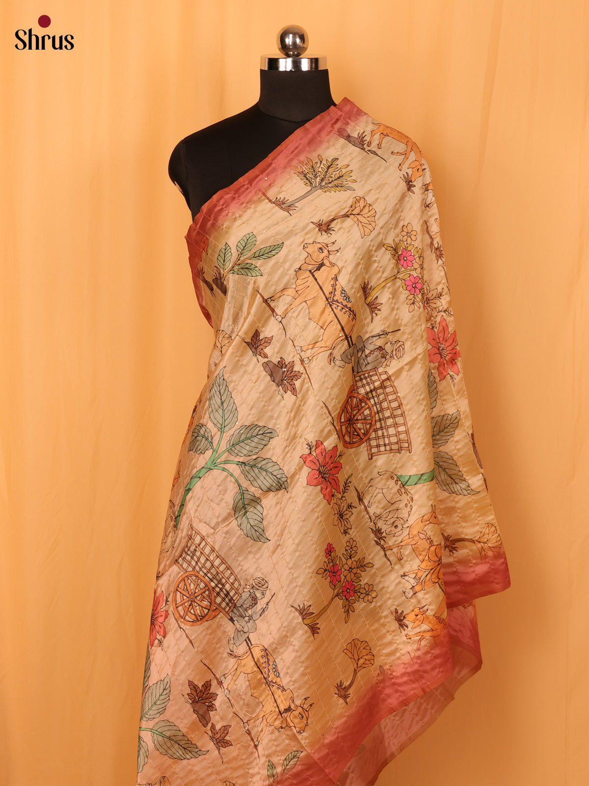 Cream Digital Print Semi Silk Dupatta