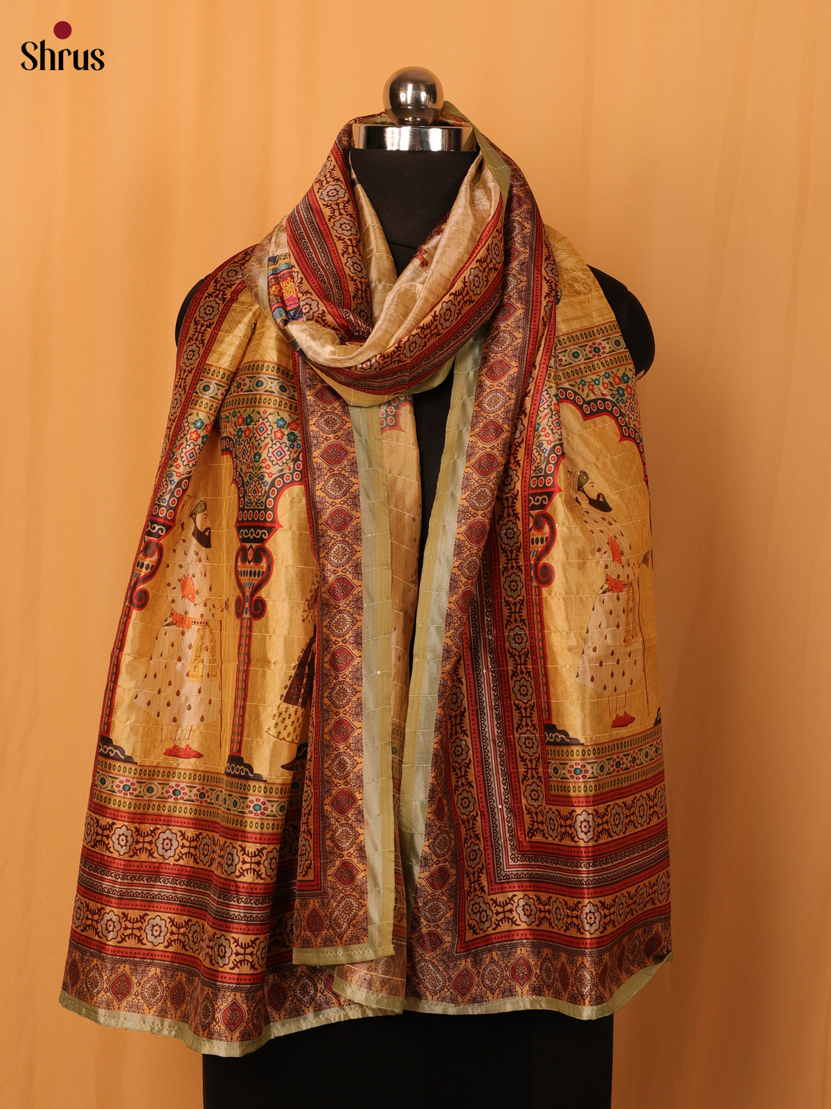 Cream Mughal Print Semi Silk Dupatta