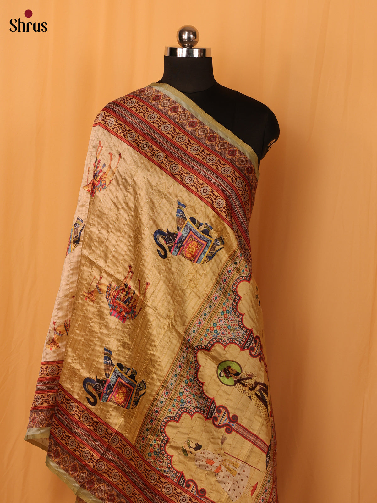 Cream Mughal Print Semi Silk Dupatta
