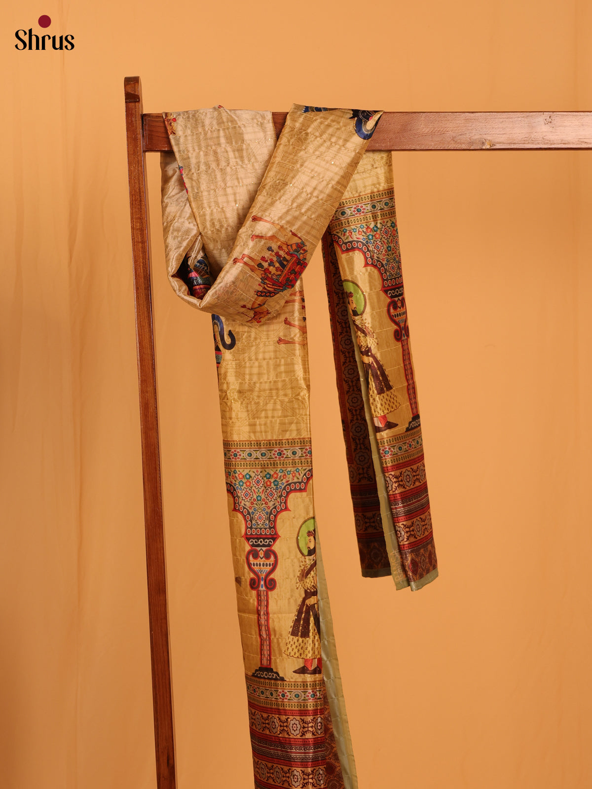 Cream Mughal Print Semi Silk Dupatta