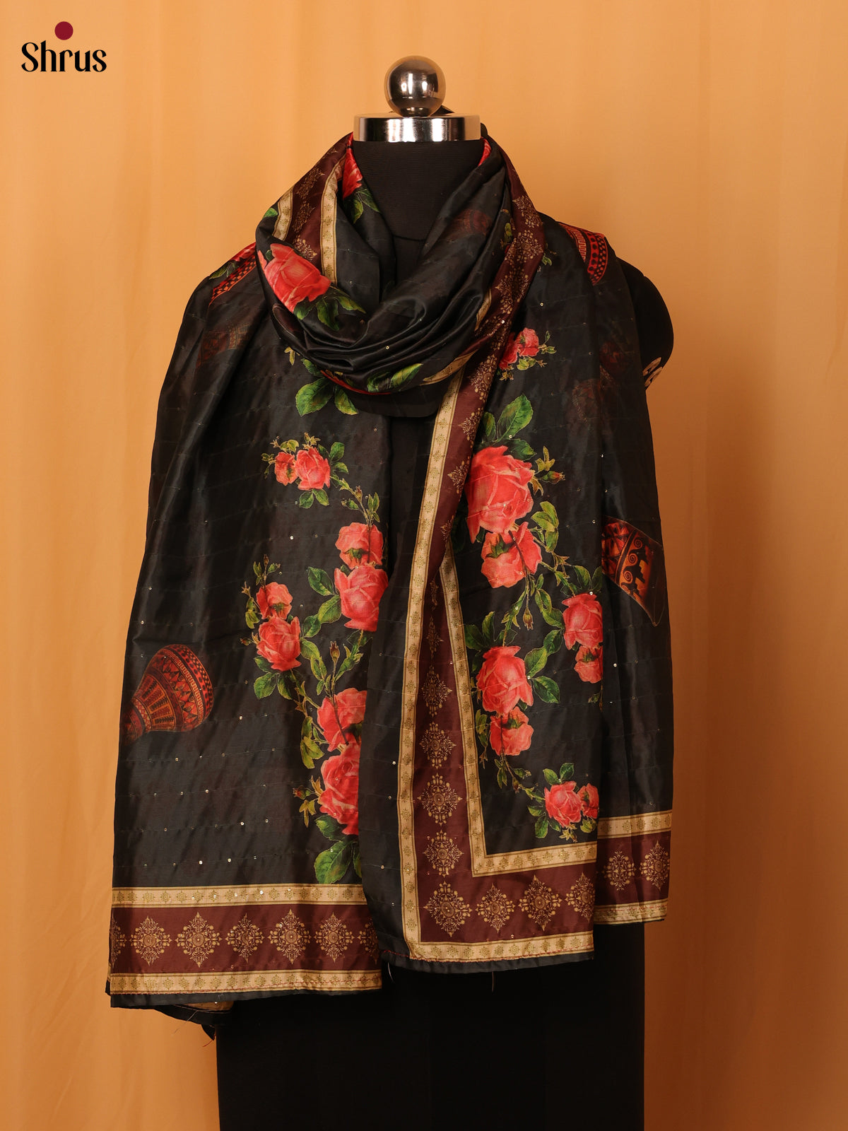 Black Floral Print Semi Silk Dupatta