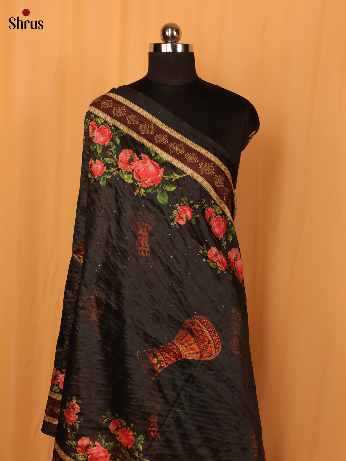 Black Floral Print Semi Silk Dupatta