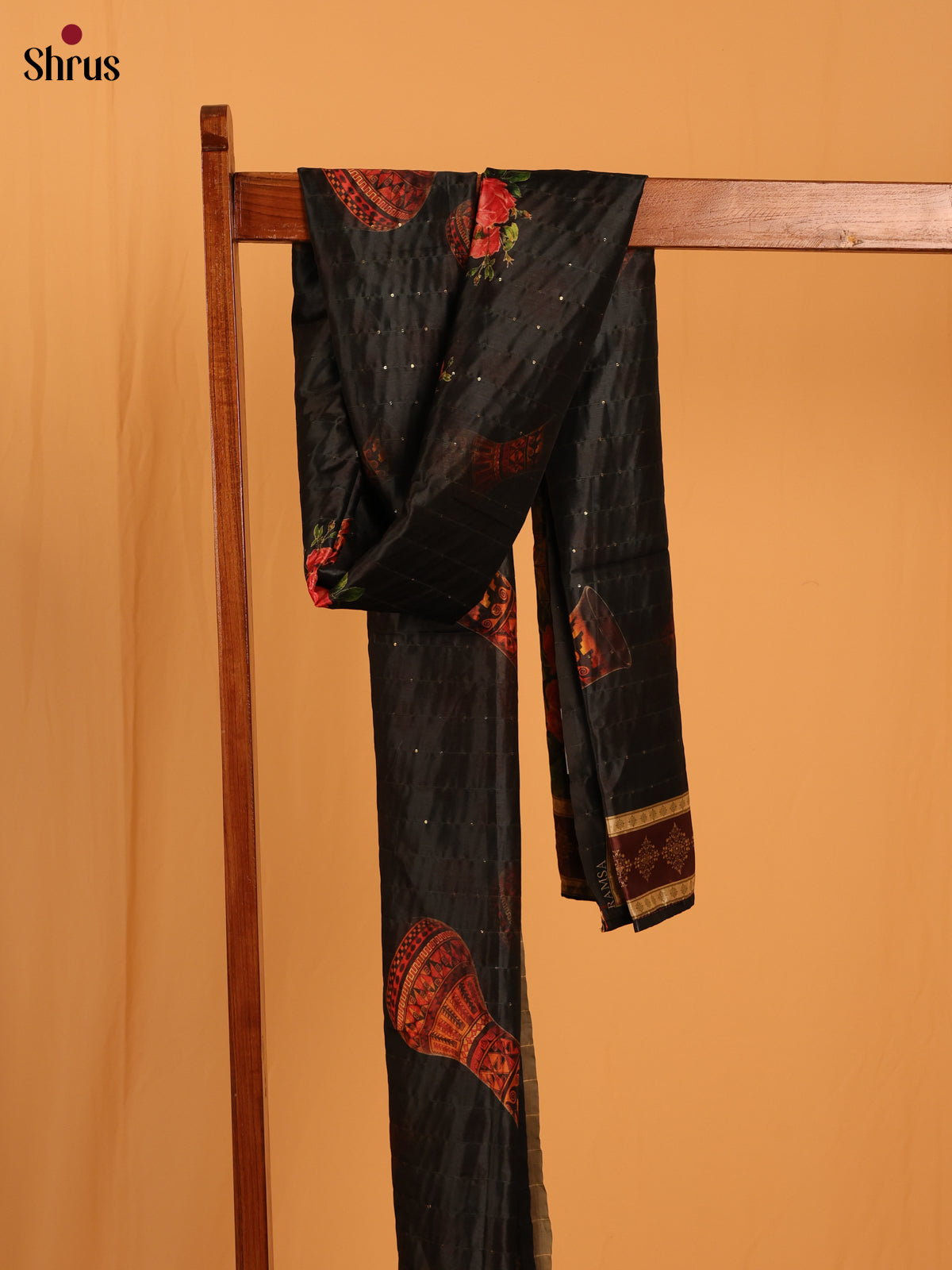 Black Floral Print Semi Silk Dupatta