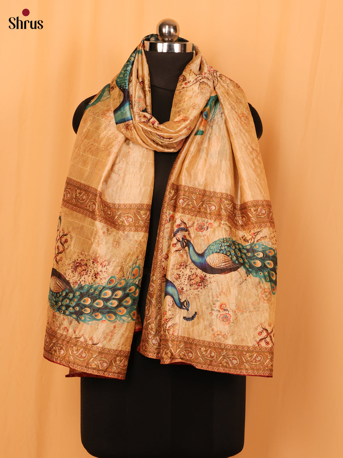 Cream Digitial Print Semi Silk Dupatta - MCL28093