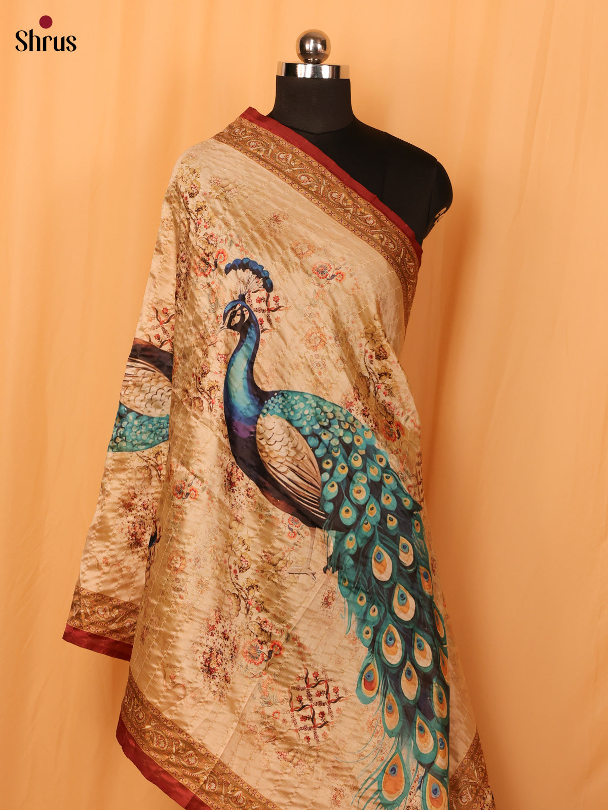 Cream Digitial Print Semi Silk Dupatta - MCL28093