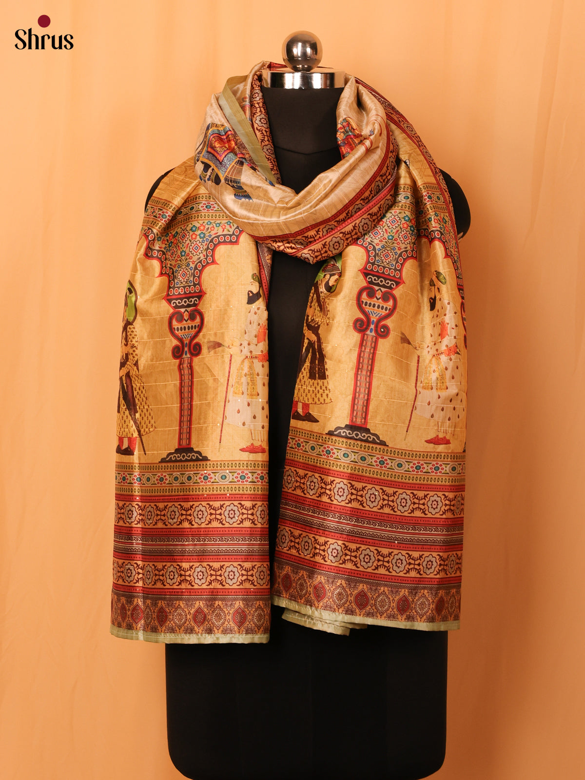 Cream Digitial Print Semi Silk Dupatta - MCL28097