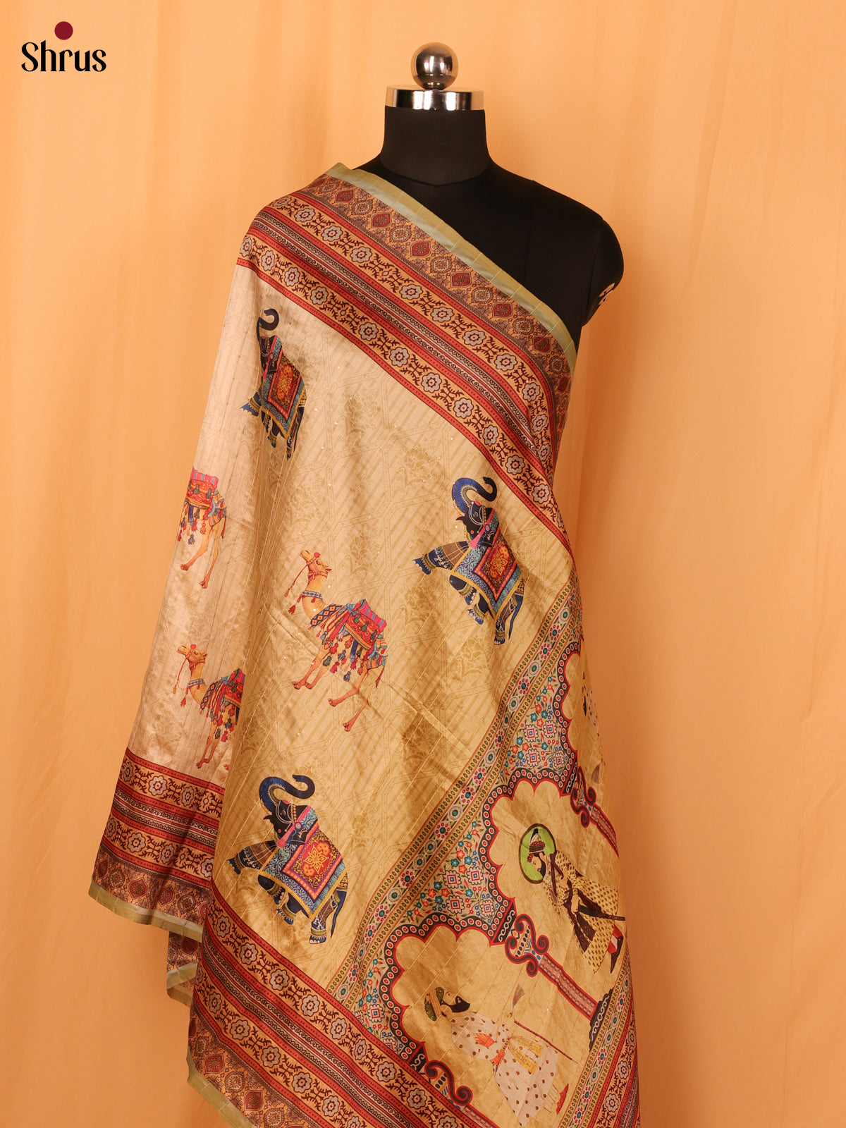 Cream Digitial Print Semi Silk Dupatta - MCL28097