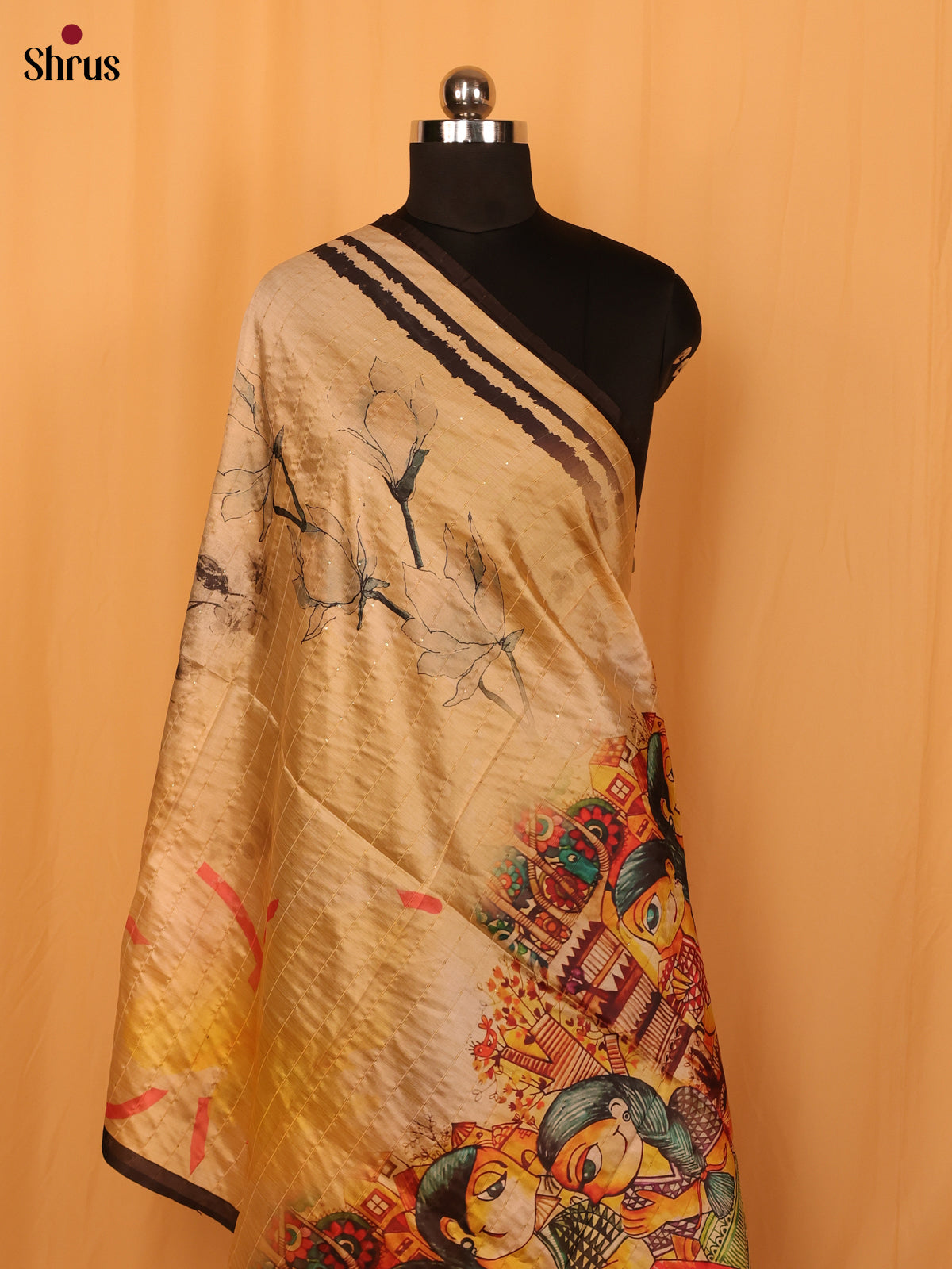Cream Digital Print Semi Silk Dupatta - MCL28100