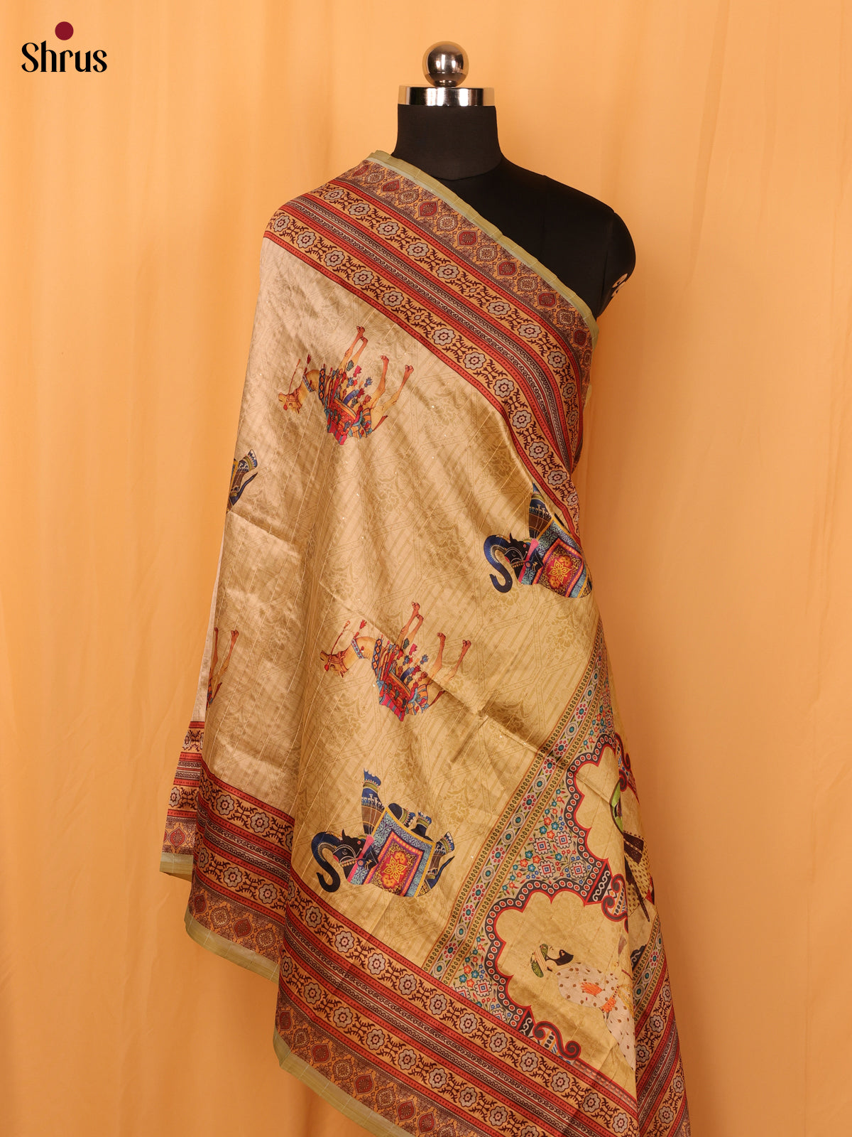Cream Digital Print Semi Silk Dupatta - MCL28101