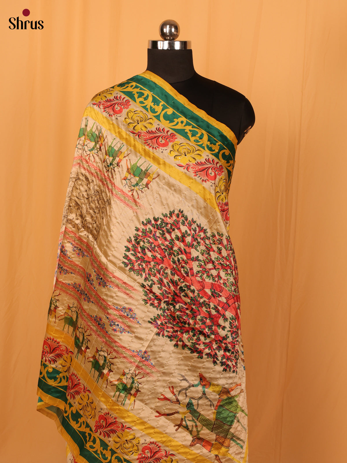 Cream Digital Print Semi Silk Dupatta - MCL28102