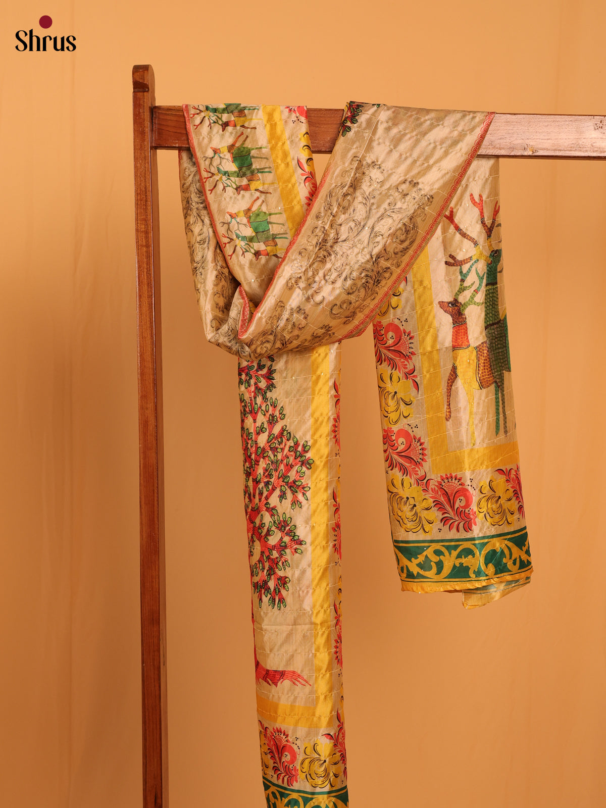 Cream Digital Print Semi Silk Dupatta - MCL28102
