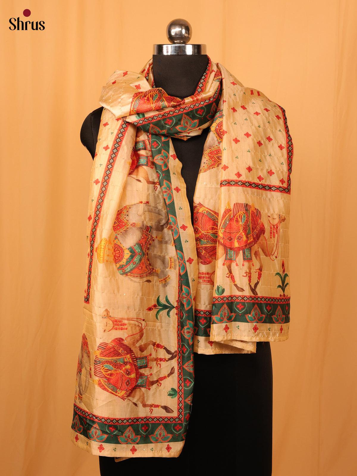 Cream Digital Print Semi Silk Dupatta - MCL28106