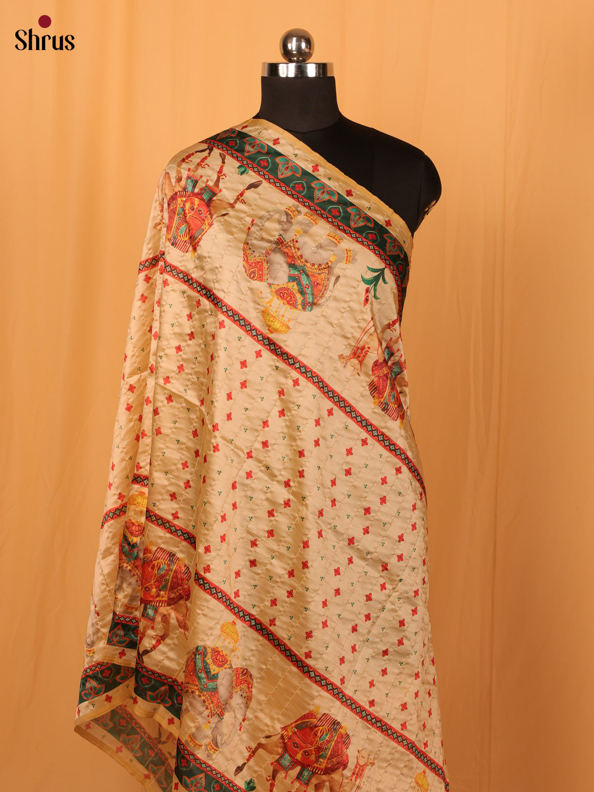 Cream Digital Print Semi Silk Dupatta - MCL28106