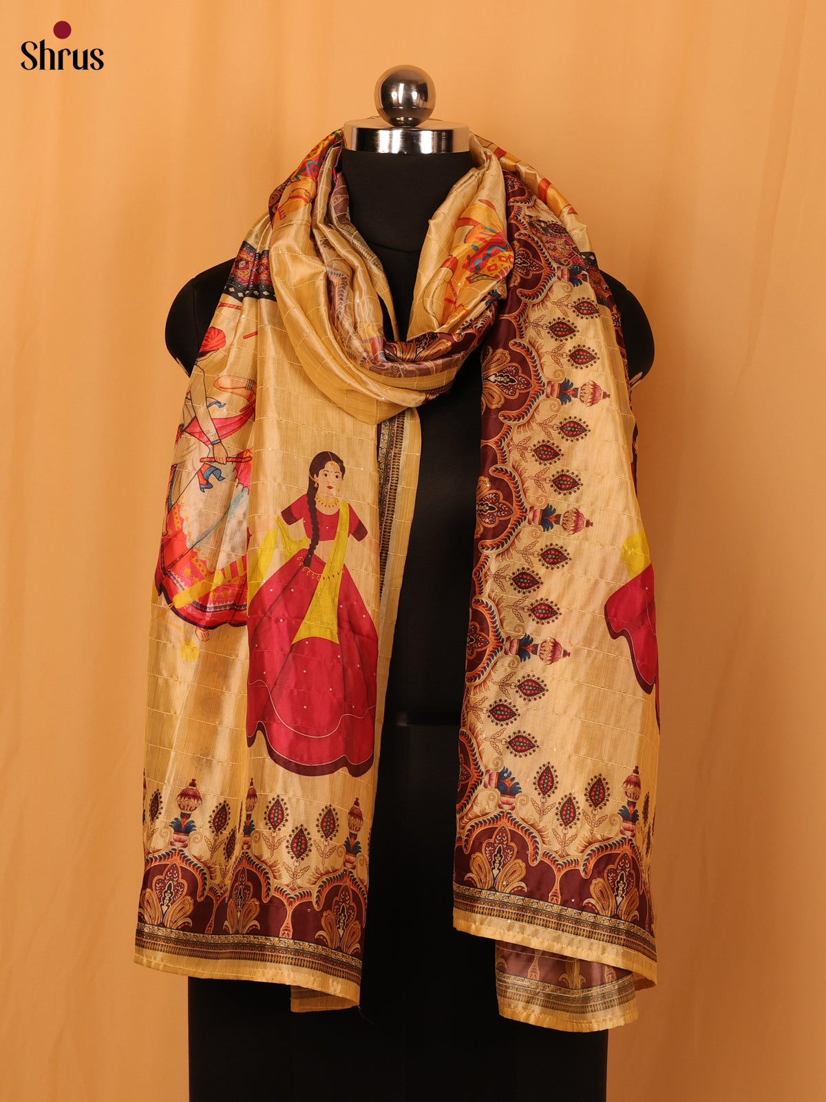 11A Cream Digital Print Semi Silk Dupatta - MCL28107