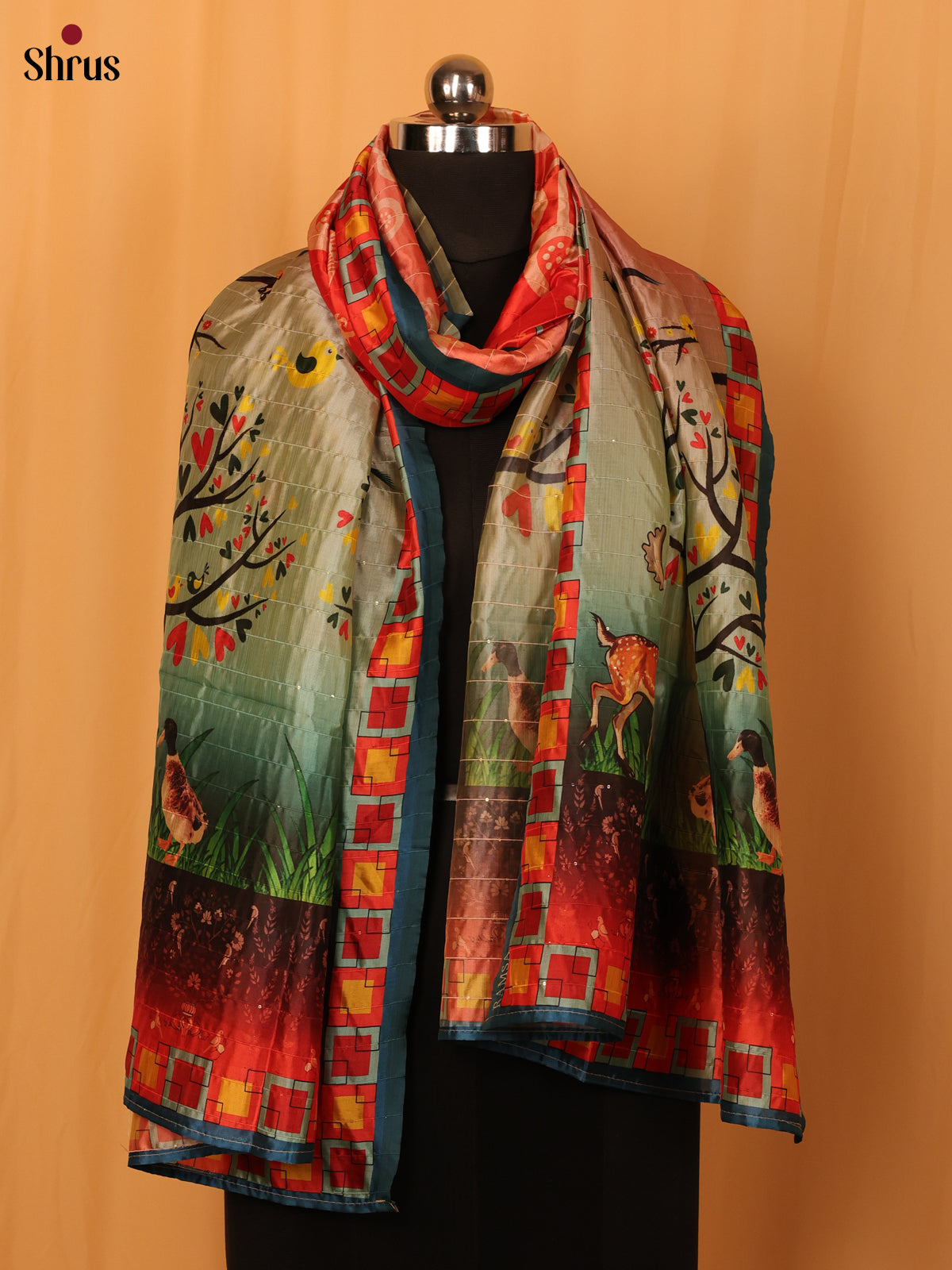 Red Digital Print Semi Silk Dupatta - MCL28108