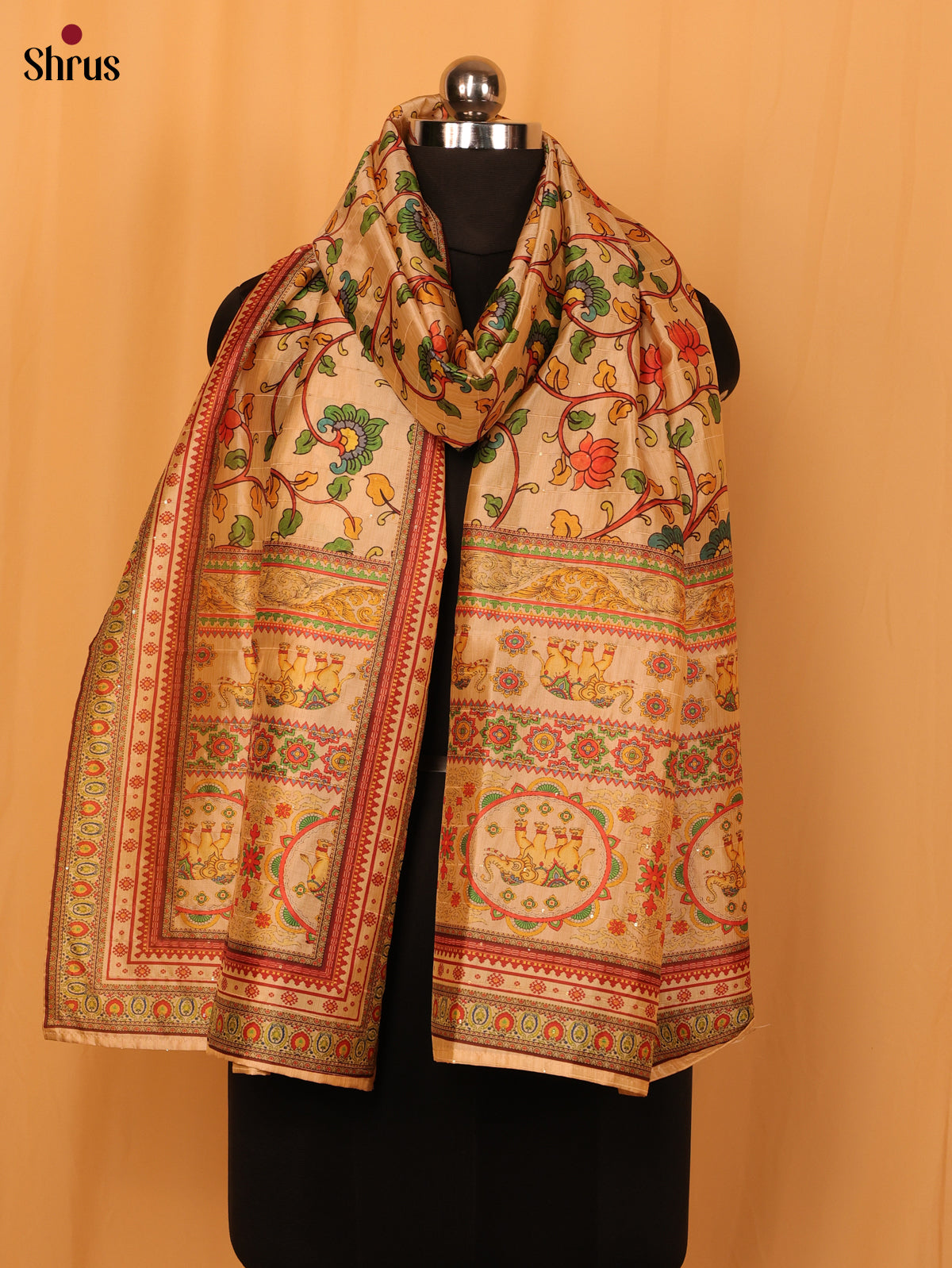 Cream Digital Print Semi Silk Dupatta - MCL28110