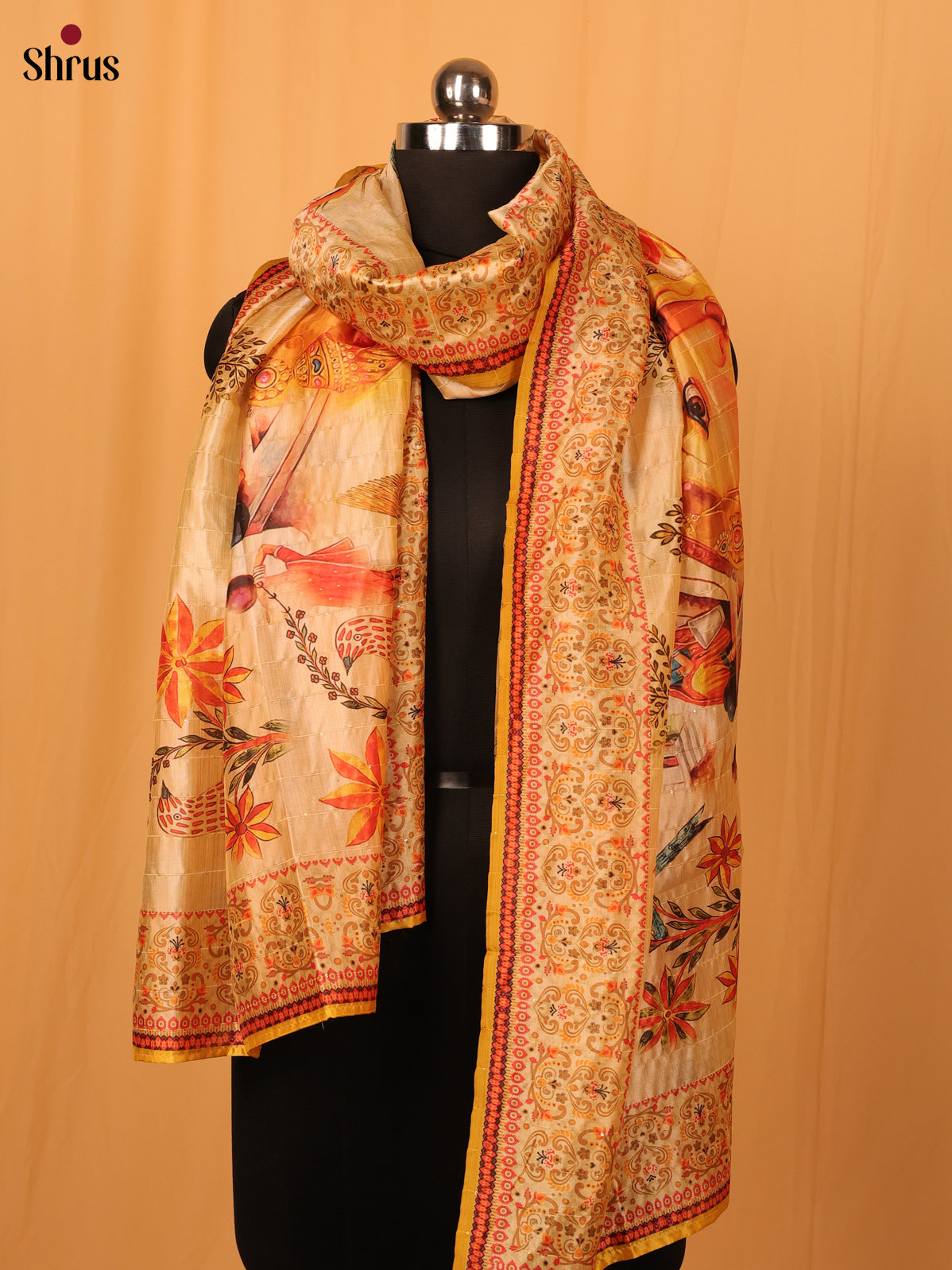 Cream Digitial Print Semi Silk Dupatta - MCL28113