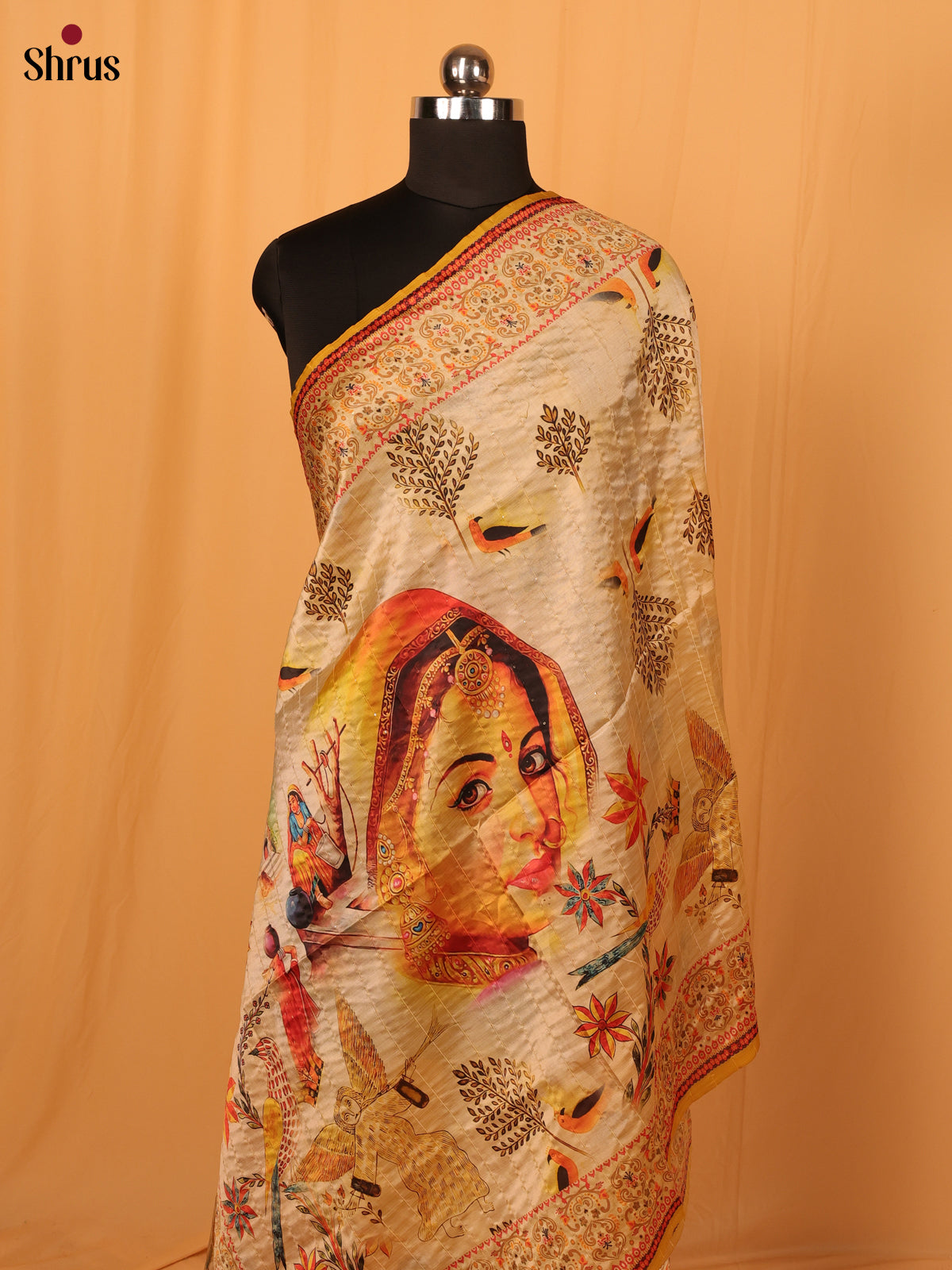 Cream Digitial Print Semi Silk Dupatta - MCL28113