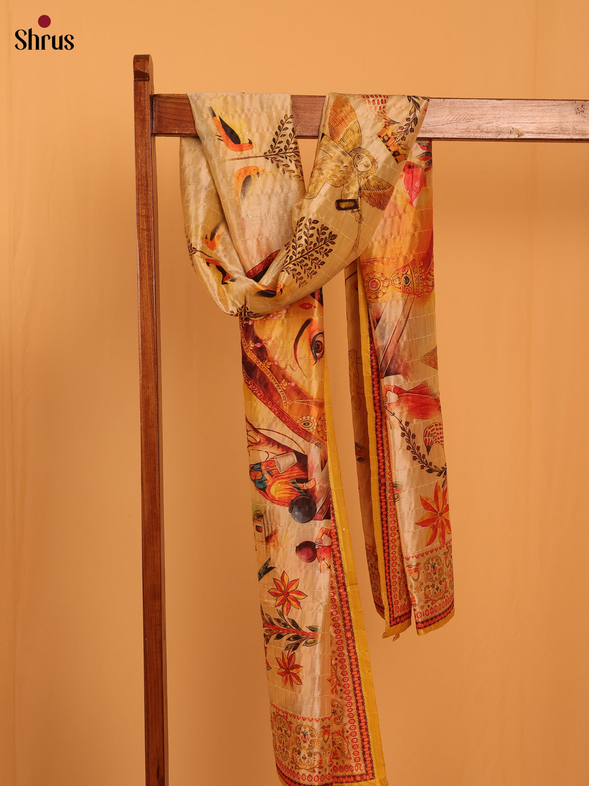 Cream Digitial Print Semi Silk Dupatta - MCL28113