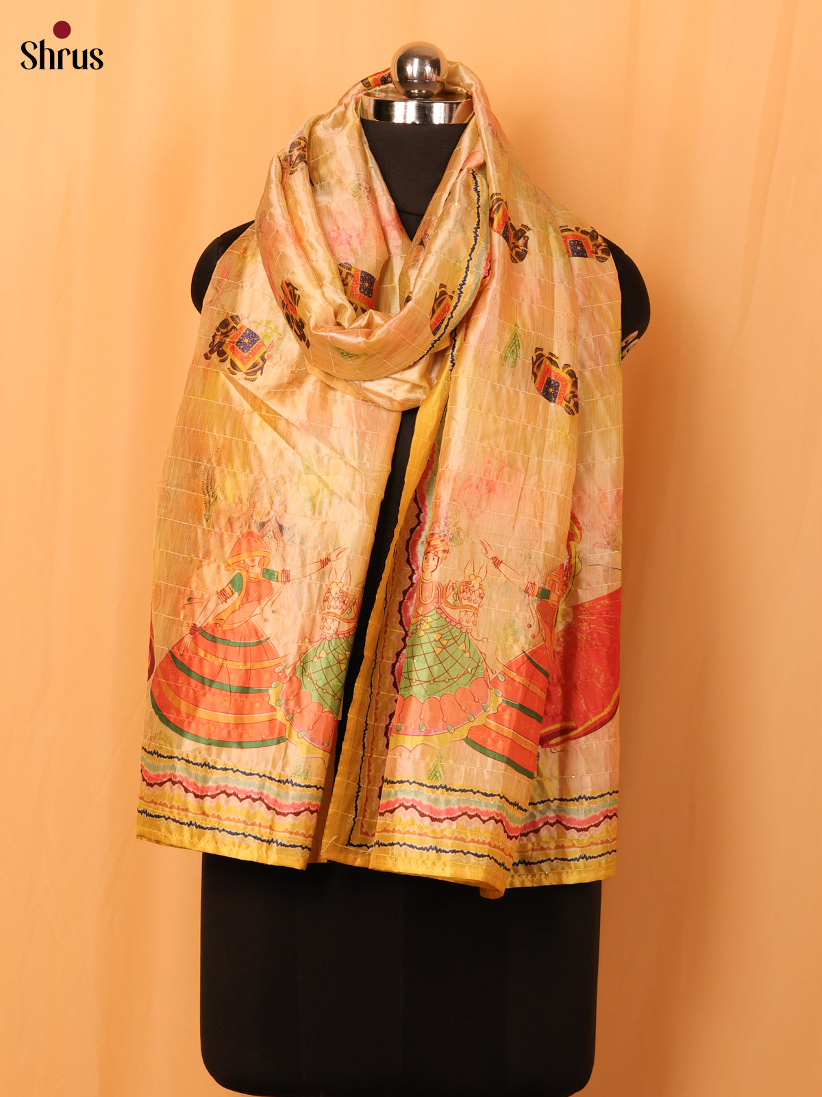 Cream Mughal Print Semi Silk Dupatta - MCL28118
