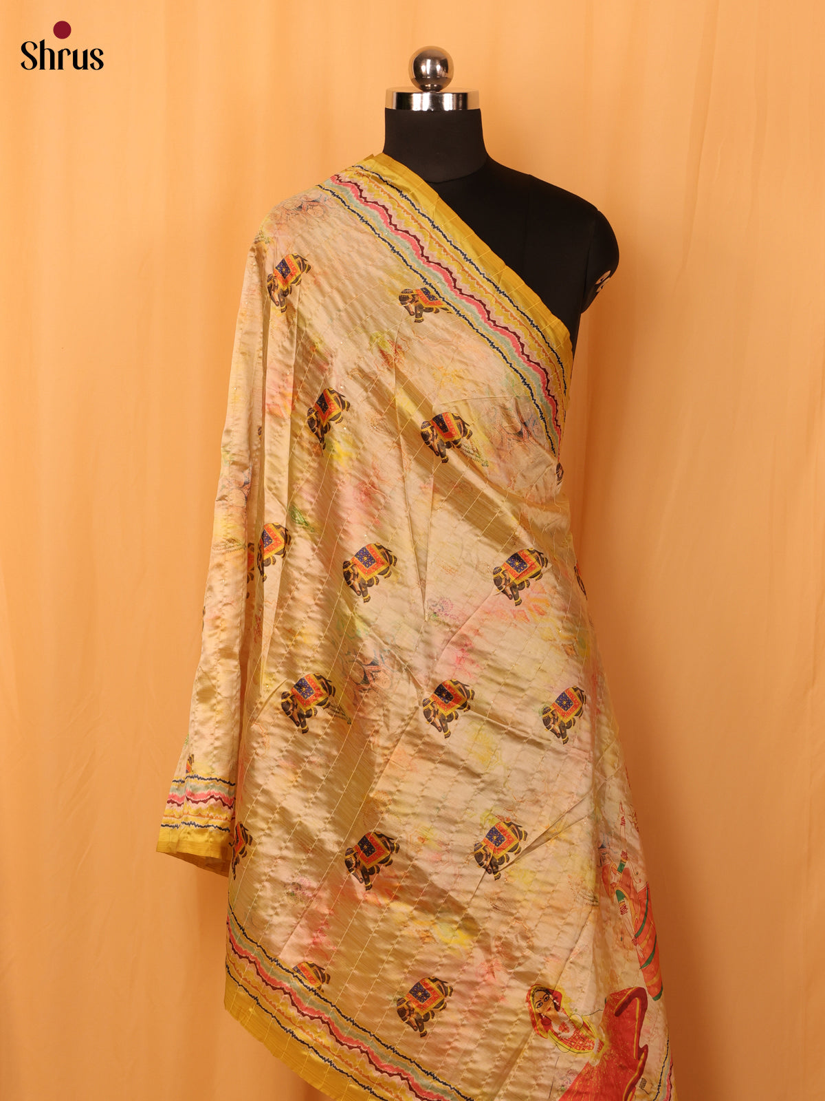 Cream Mughal Print Semi Silk Dupatta - MCL28118