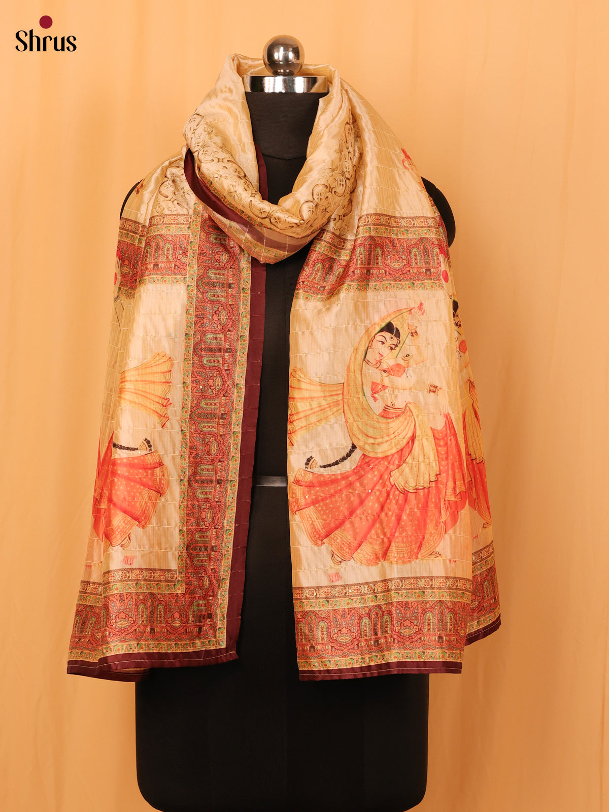 Cream Digitial Print Semi Silk Dupatta - MCL28121