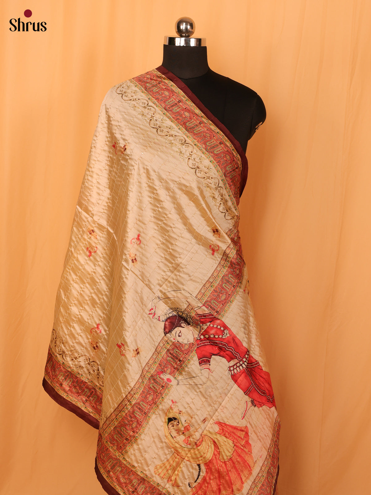 Cream Digitial Print Semi Silk Dupatta - MCL28121