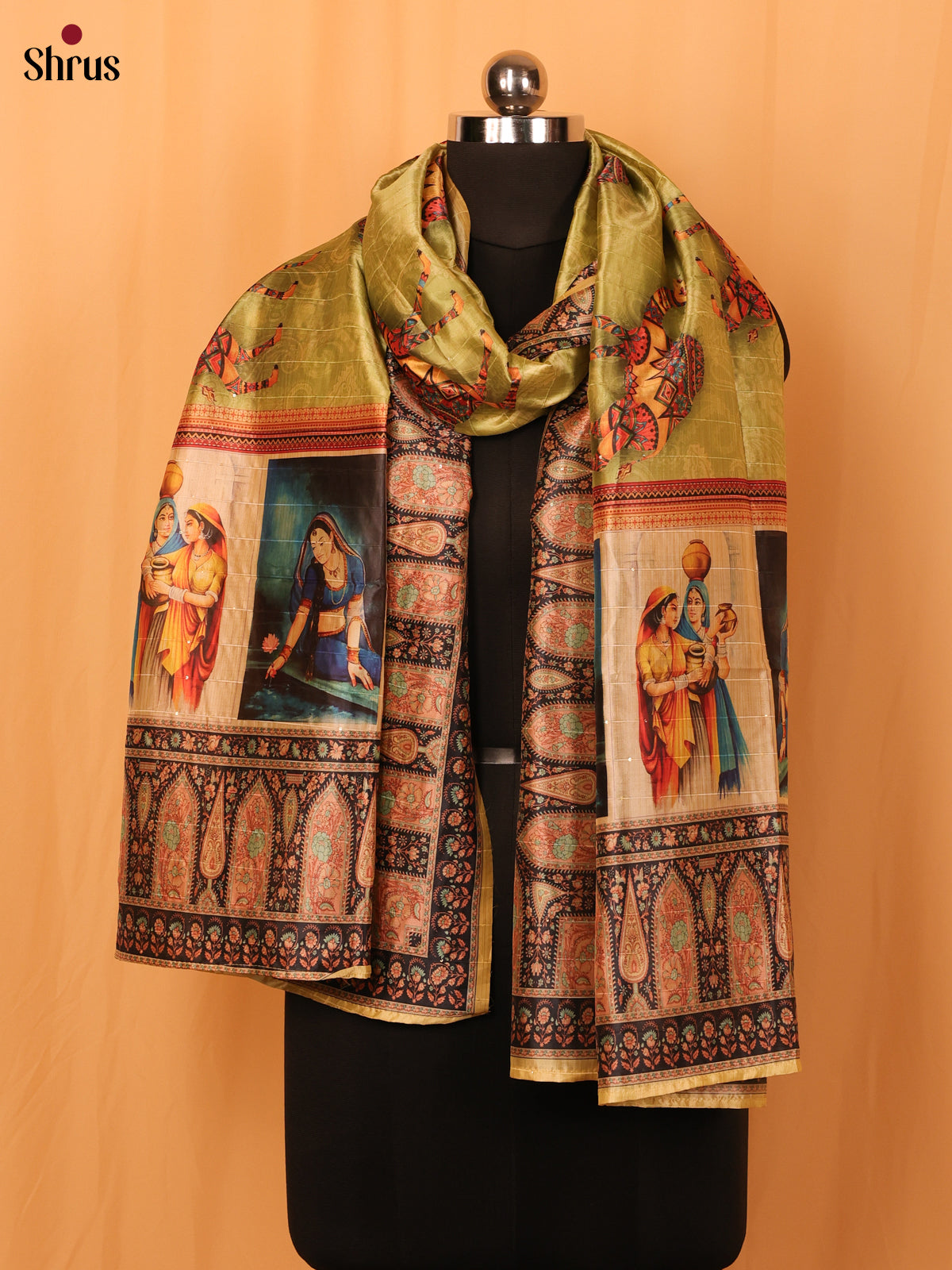Green Mughal Print Semi Silk Dupatta - MCL28122