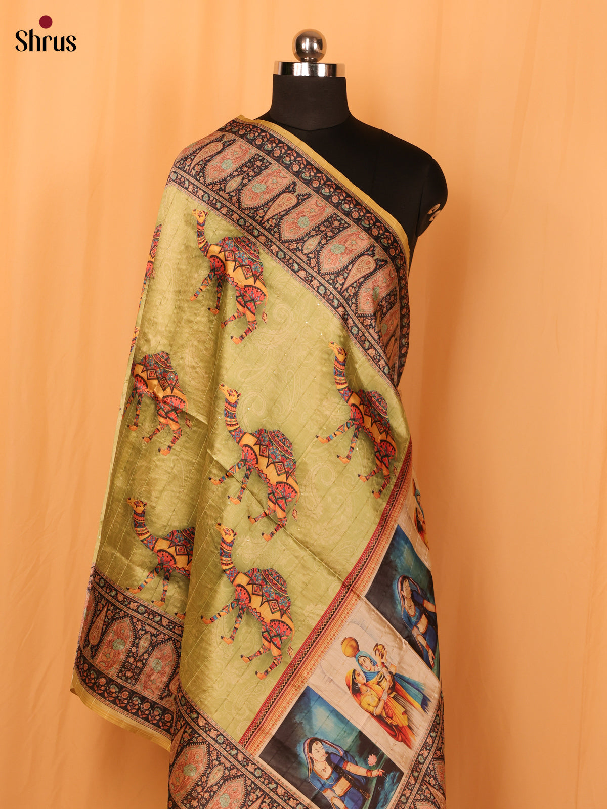 Green Mughal Print Semi Silk Dupatta - MCL28122