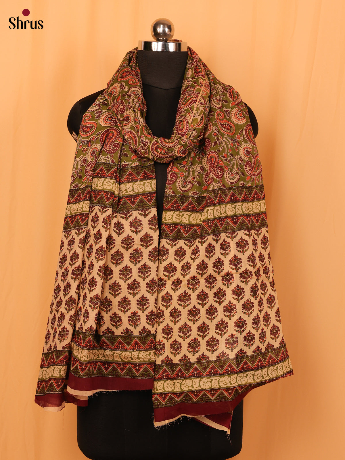 Green Kalamkari Cotton Dupatta - MCL28133